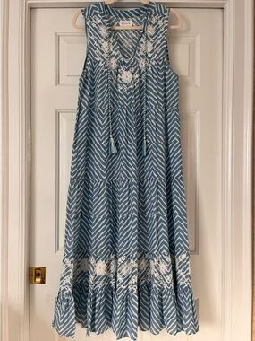 Naudic Lulu Maxi Ocean Embroidery Cotton Dress, size M